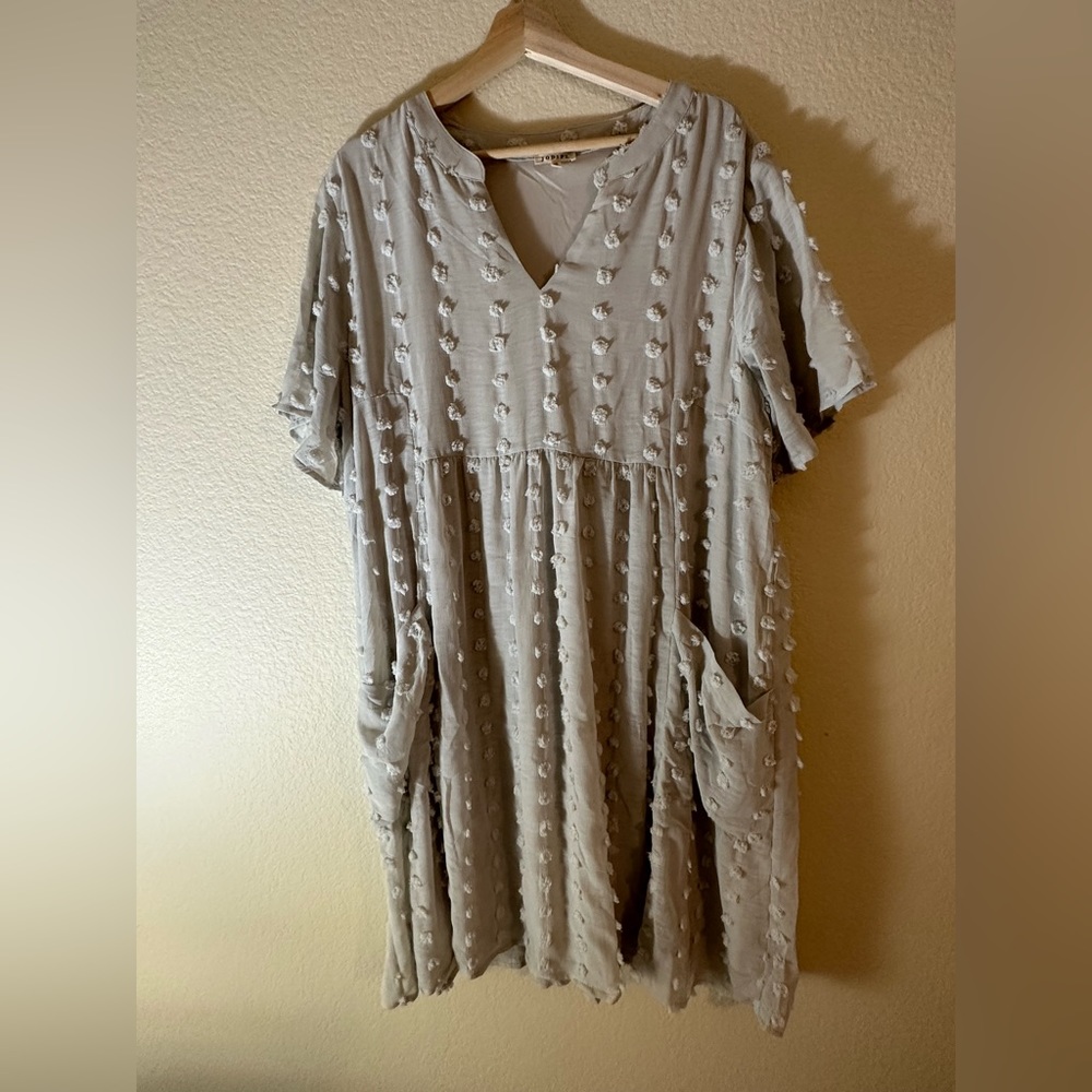 Boutique dusty blue Pom Pom dress